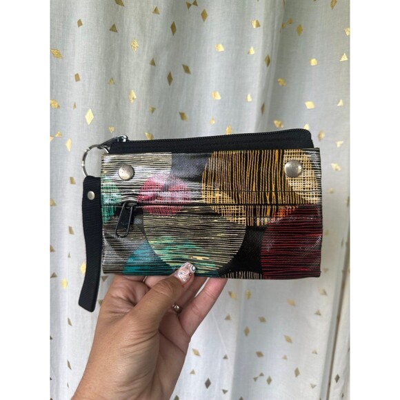 Roxy Y2K Vintage Coated Graphic Dual Zipper Snap Open Sections Wristlet Wallet - Picture 2 of 6